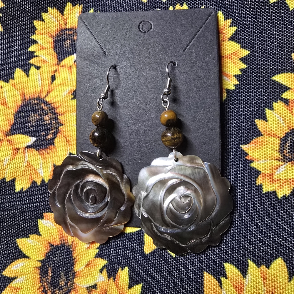 Elegant Carved Tortise Shell Rose Earrings